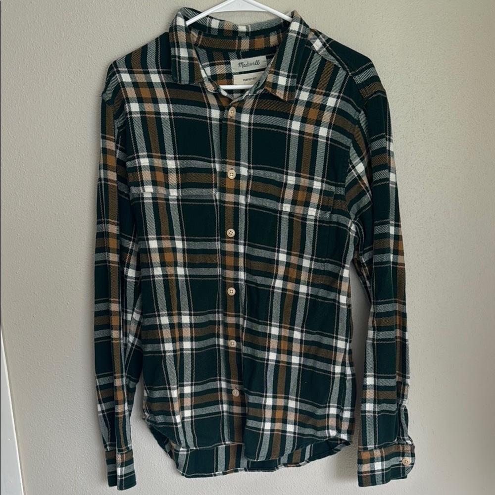 Madewell Green and Brown Casual Button Down Shirt with Plaid Pattern